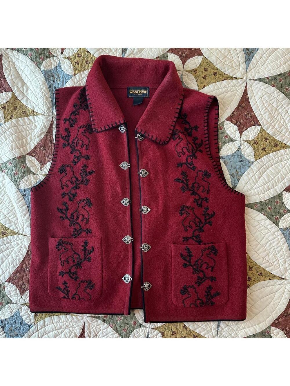 Vintage Woolrich red wool vest w black embroidered floral vines & silver clasps